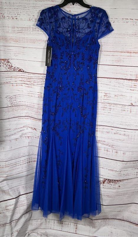 NWT Papell Studio Royal Blue Bead Mesh Godet Long Dress Size 10 Retail $179