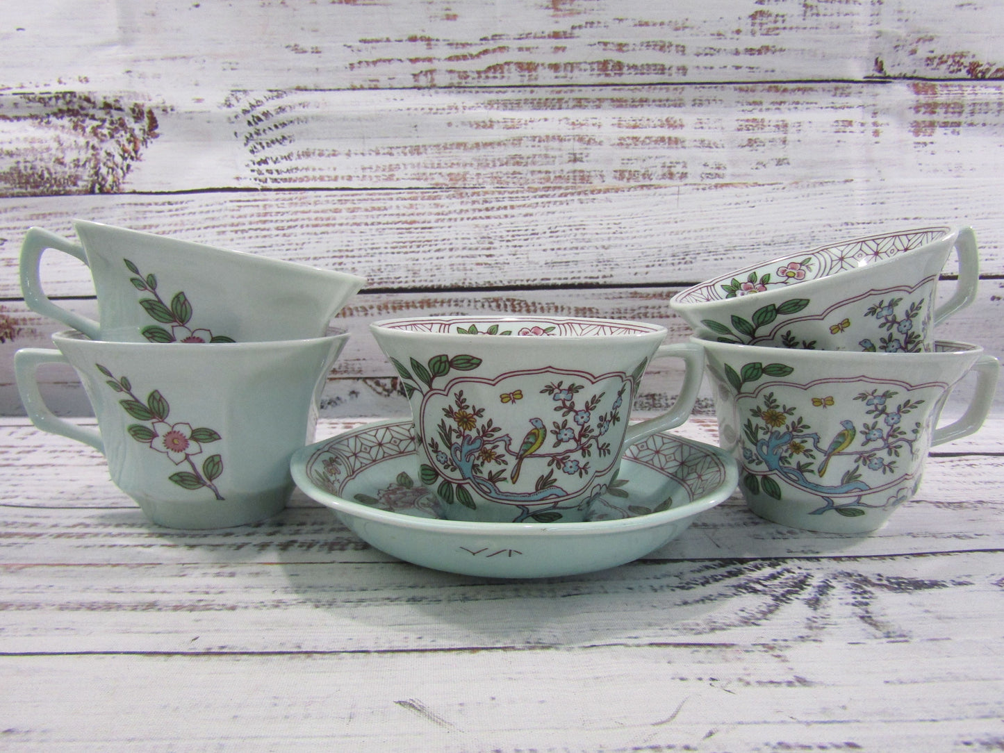 Adams Singapore Bird Floral Bird Ironstone 5 Teacups & 1 Saucer Made in England