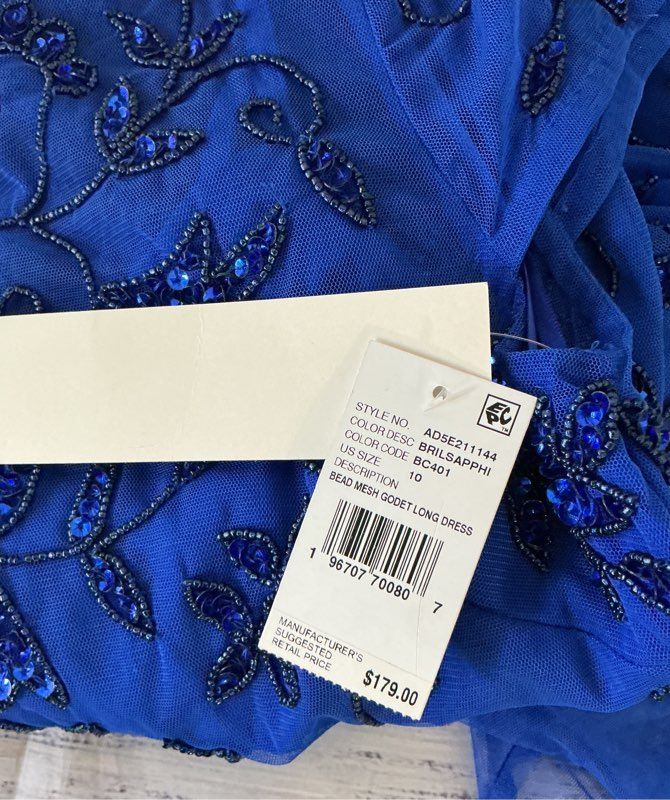 NWT Papell Studio Royal Blue Bead Mesh Godet Long Dress Size 10 Retail $179