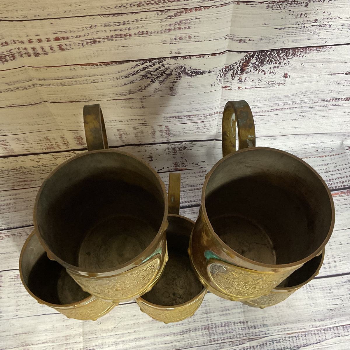 VTG. Mexican Copper & Brass Aztec Mayan Calendar Mugs- Set of 5