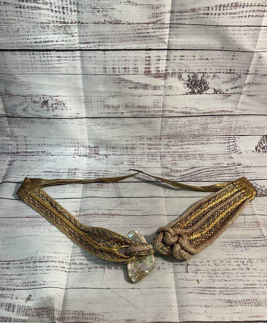 Woven Braided Belt Pearl Center Buckle Metallic Gold Tone Women's