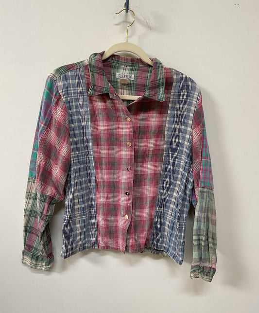 Women's Citron Plaid Flannel Top with cinched back Size S
