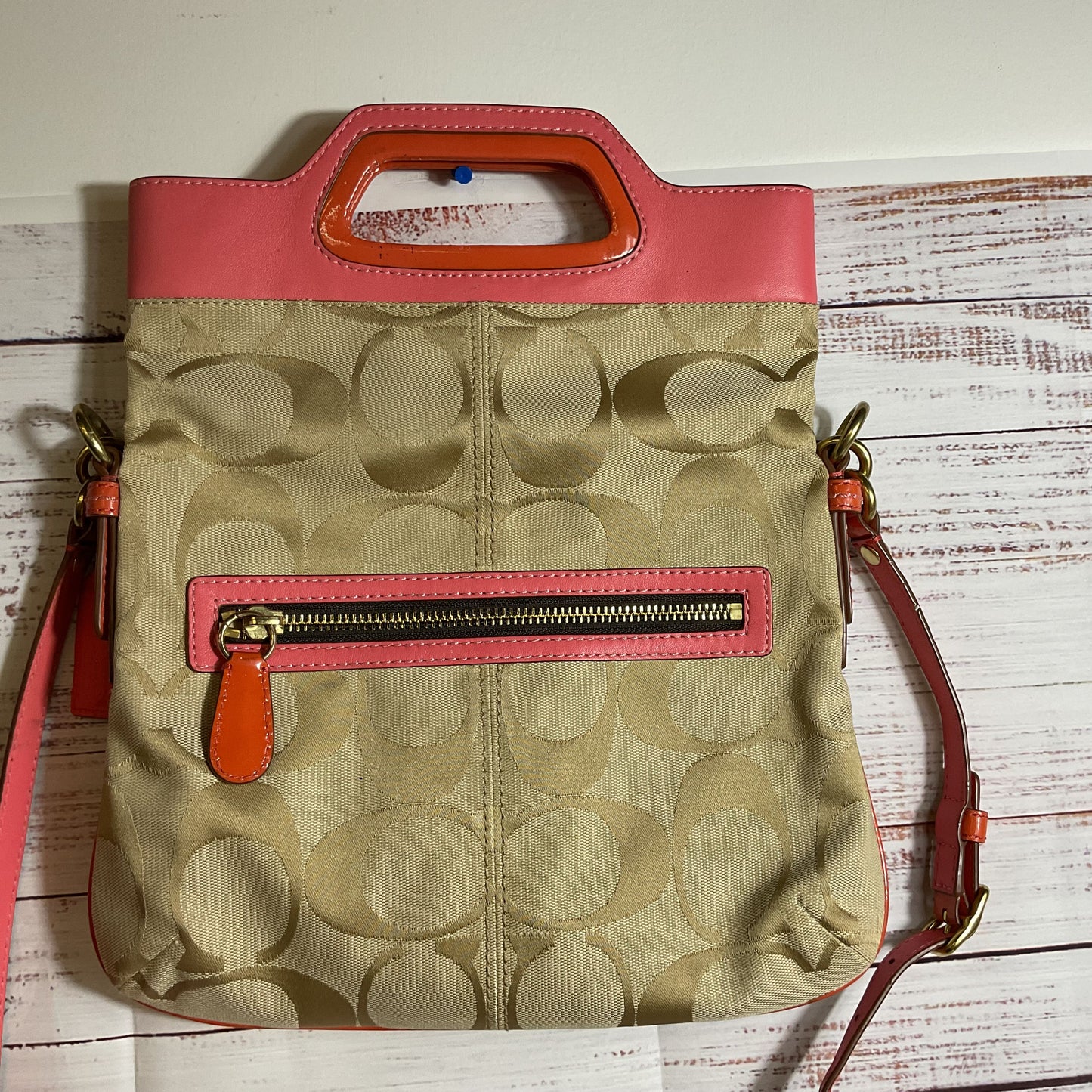 COACH Bonnie Signature Tan Pink/Coral Colorblock Trim Canvas Crossbody/Hand Bag