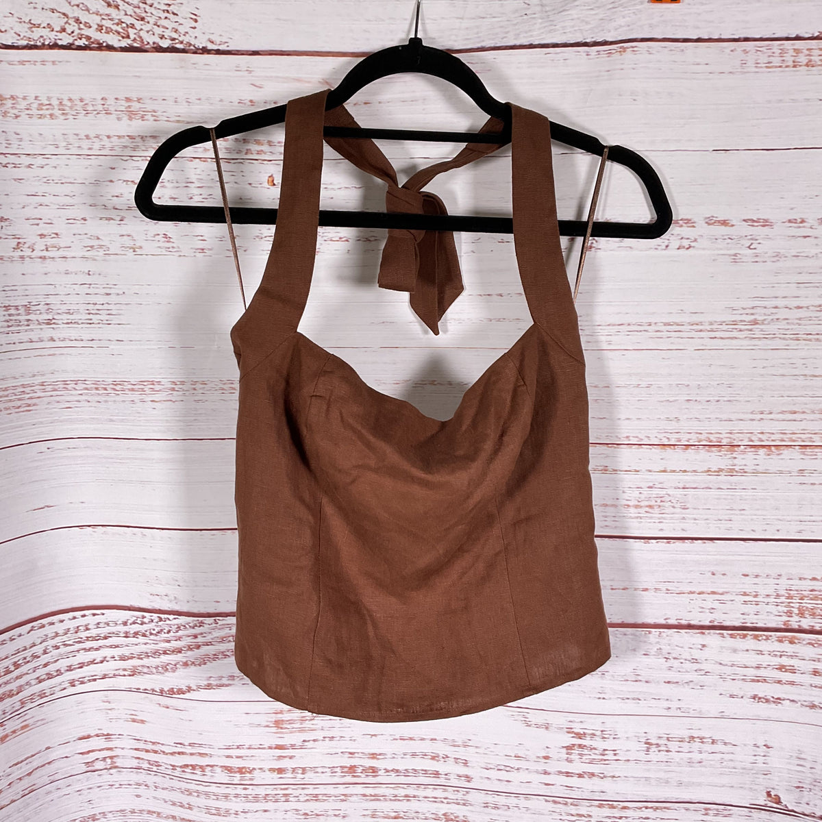 Reformation Malika Brown Linen Back Tie Side Zip Top - Size 8