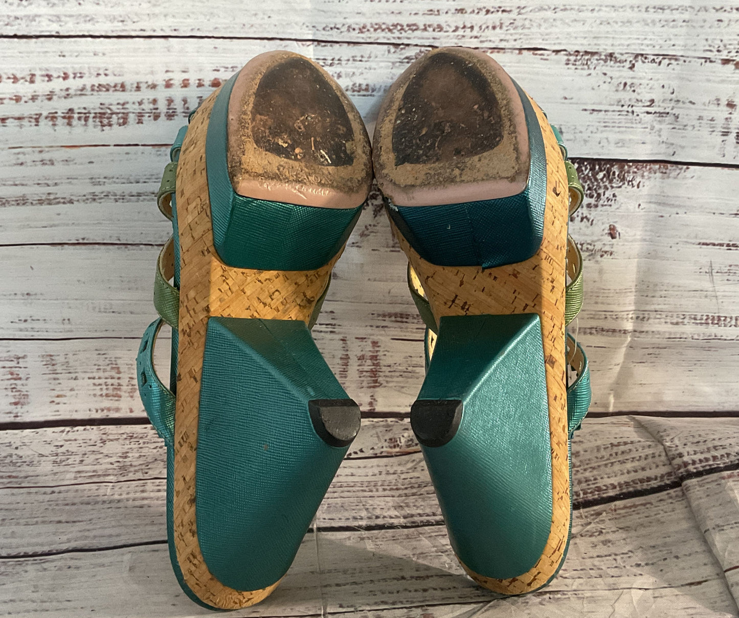 Prada Metallic Leather Strappy Heeled Sandals Blue Green