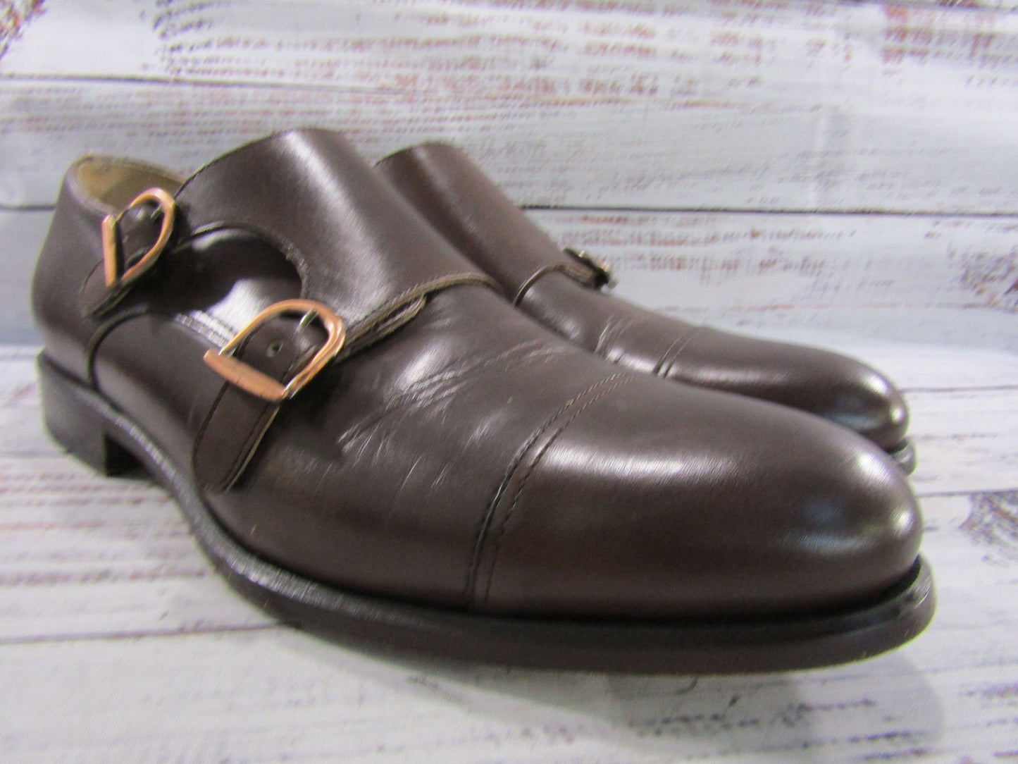 Lavo Men's Brown Leather Cap Toe Double Monk Strap Loafers Size 8