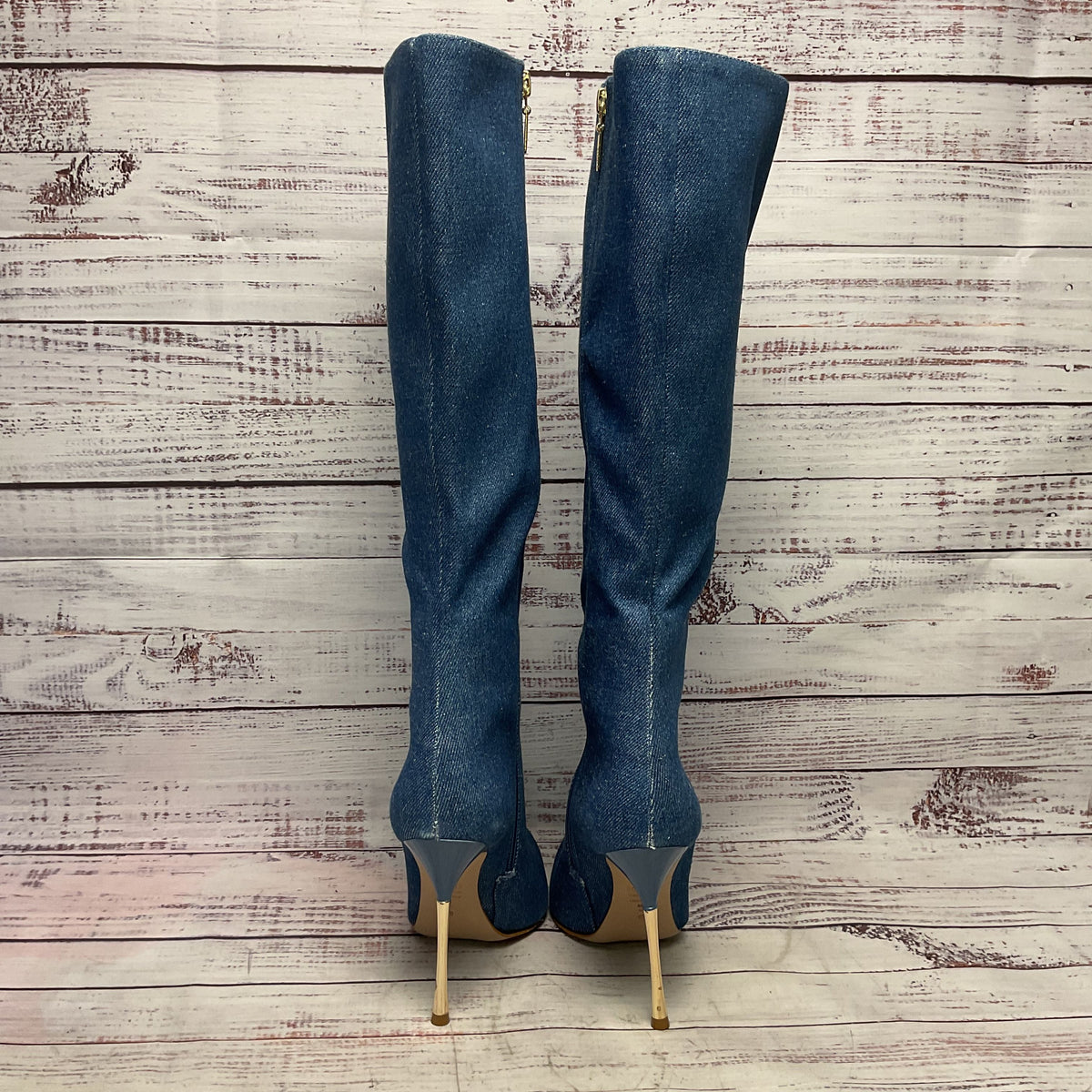 Schutz Blue Denim Jean Material Tall Heel Boot Women Size 9