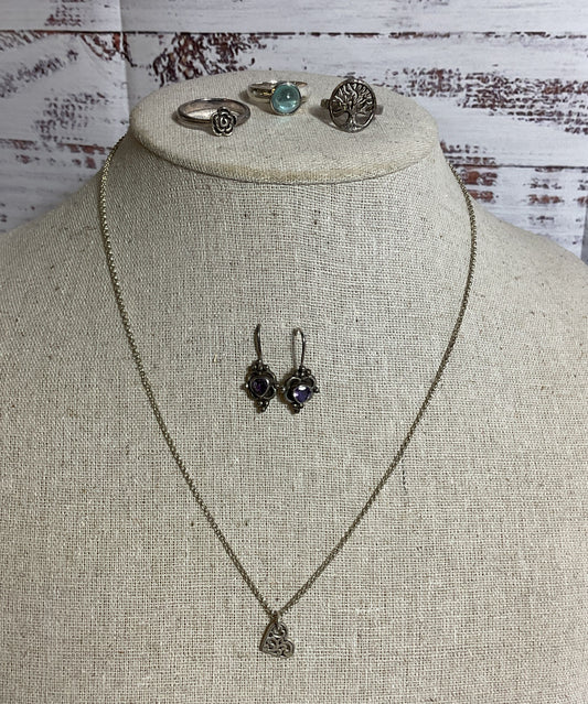 Lot of Sterling Silver 3 Rings, Earrings, Necklace- 14.62g
