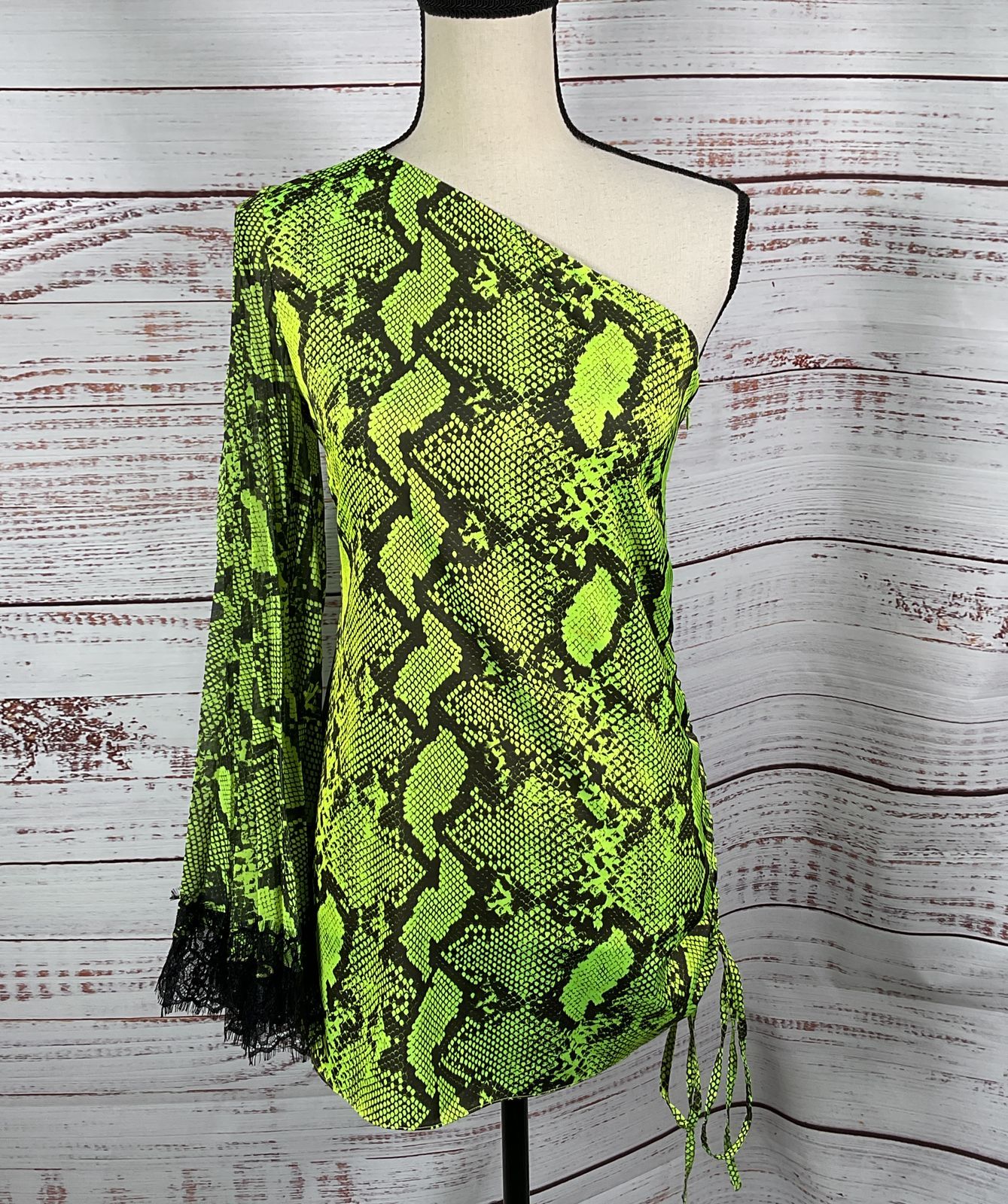 Atos Lombardini Snakeskin Print One Shoulder Dress Neon Green 40