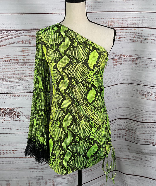 Atos Lombardini Snakeskin Print One Shoulder Dress Neon Green 40