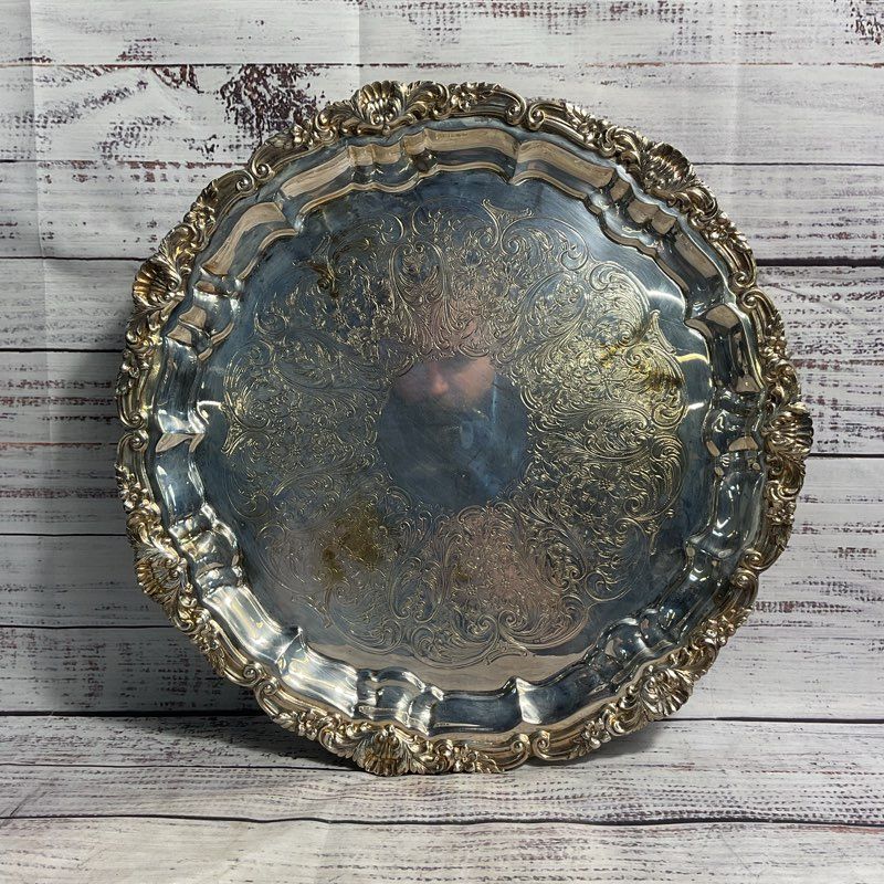 VTG Poole Silver Co 3210 Silver Plated Floral Etched 14" Serving Platter Tray