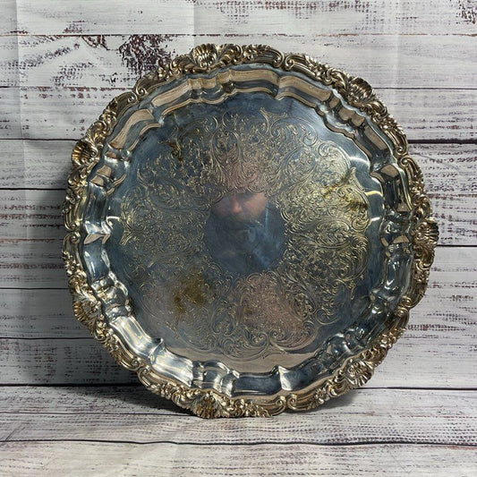 VTG Poole Silver Co 3210 Silver Plated Floral Etched 14" Serving Platter Tray