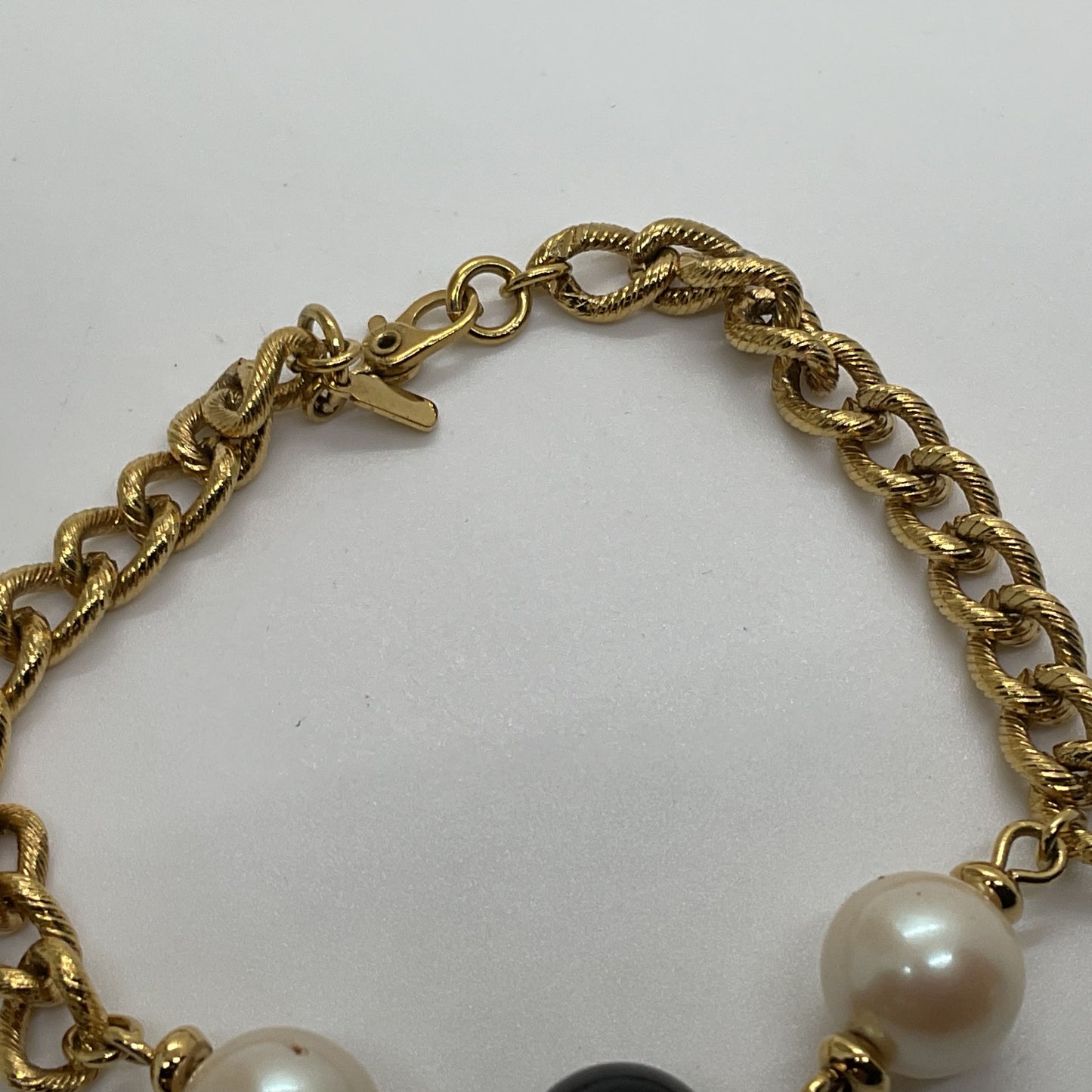 MONET White Black Faux Pearl Gold Tone Chain Bracelet- 7.75"