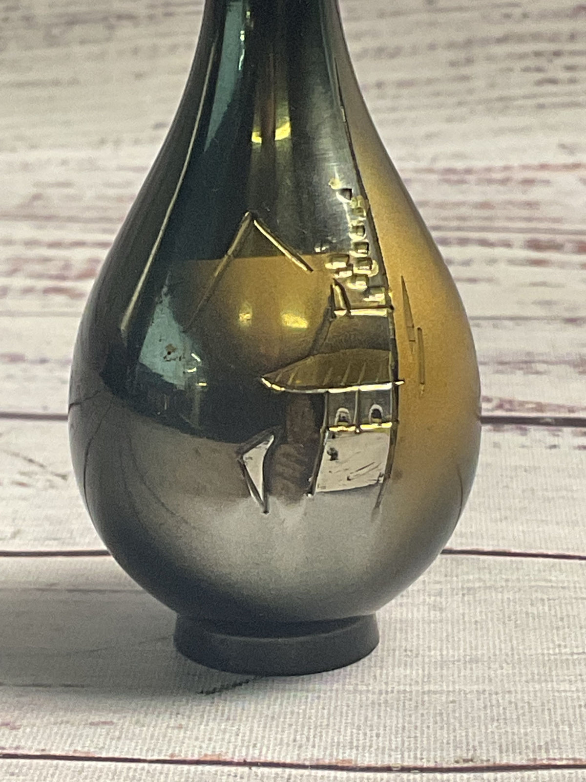4" Black Painted Metal Vase Asian House Scene