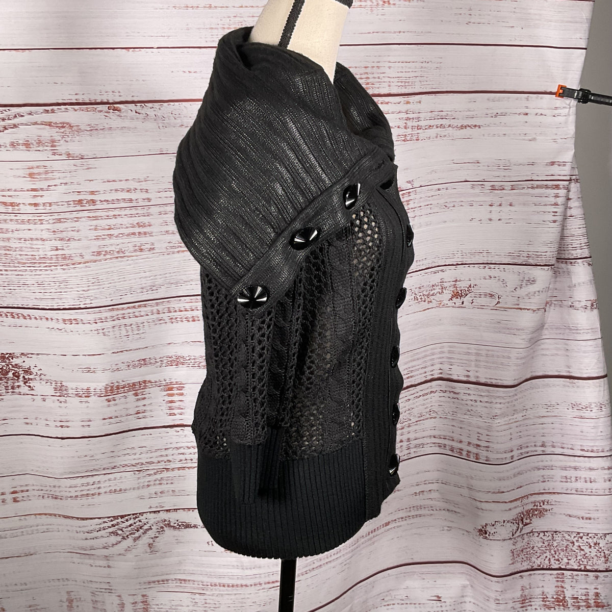 BYRON LARS Beauty Mark Women's Black Cable & Crochet Cardigan Sweater- SZ 8