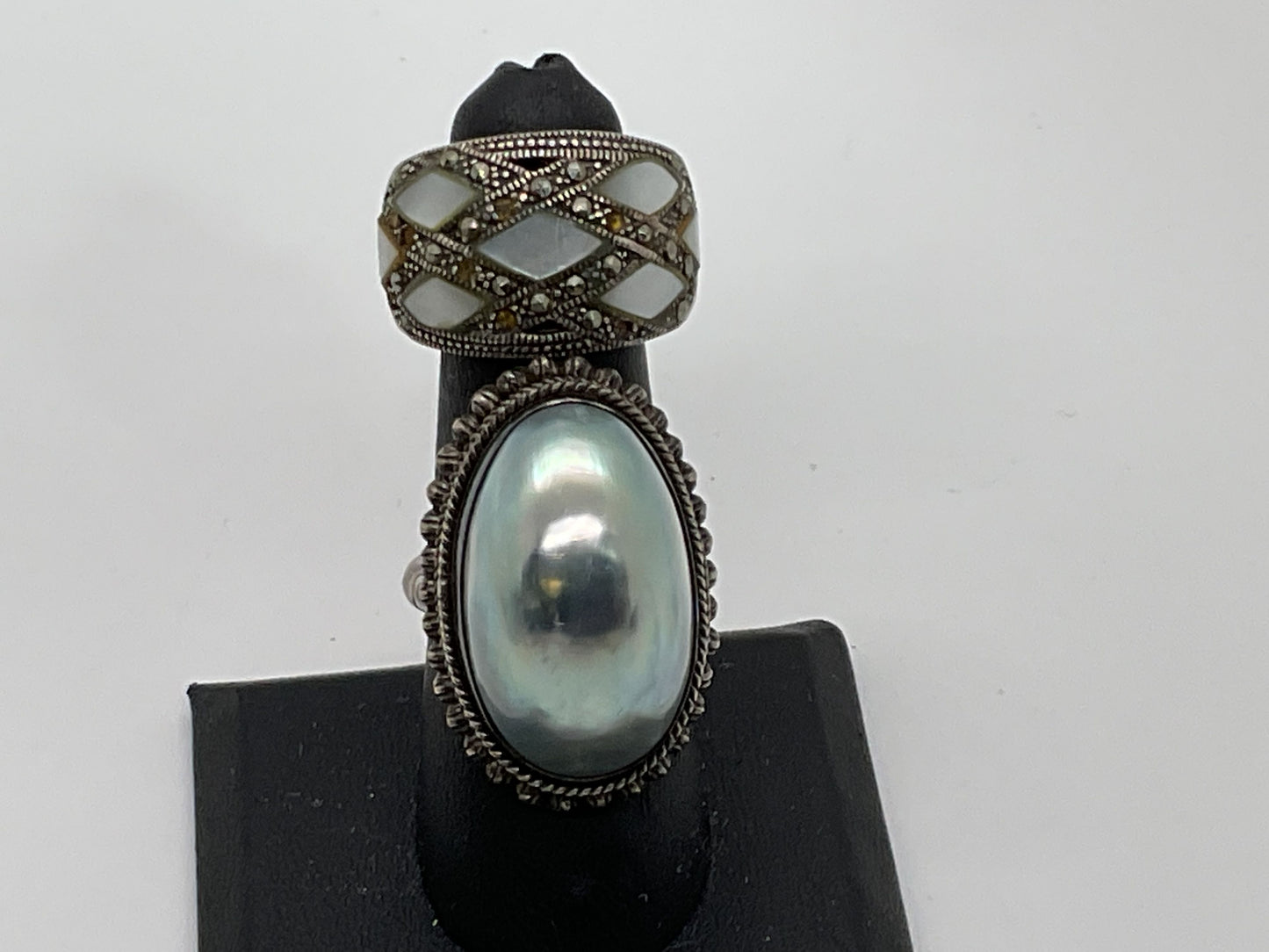 Set of 2 Sterling Silver Faux Pearl Abalone Marcasite SZ 8 Rings- 21.64g