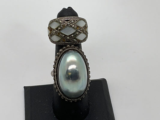 Set of 2 Sterling Silver Faux Pearl Abalone Marcasite SZ 8 Rings- 21.64g