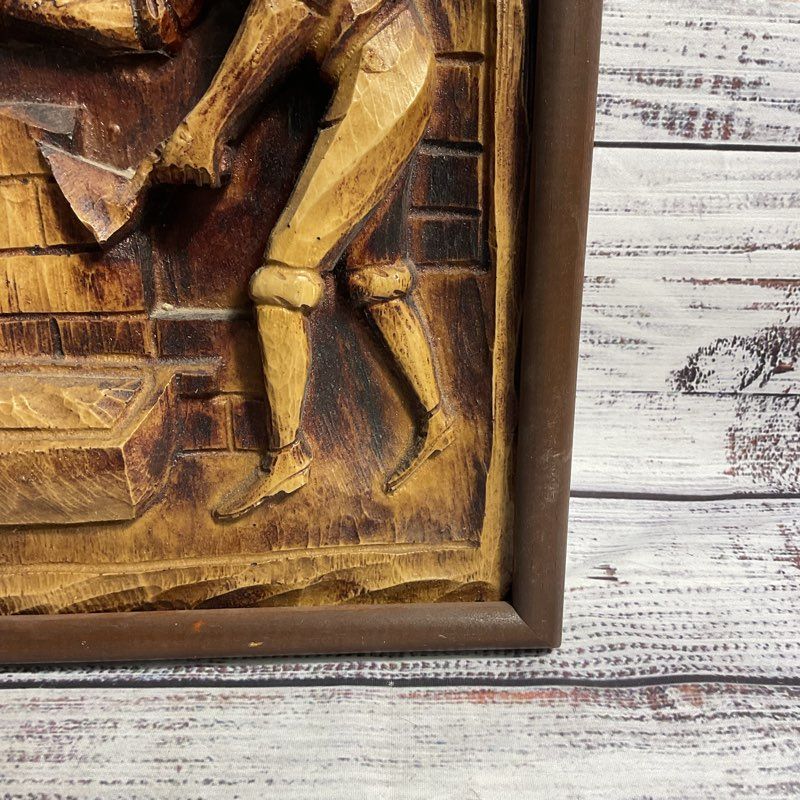 VTG. Hand Carved Bricklayer Mason Wood Relief Sculpture Wall Art