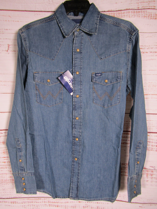 Wrangler Men's Mid Wash Denim Snap Button Down Shirt Size S 112361701