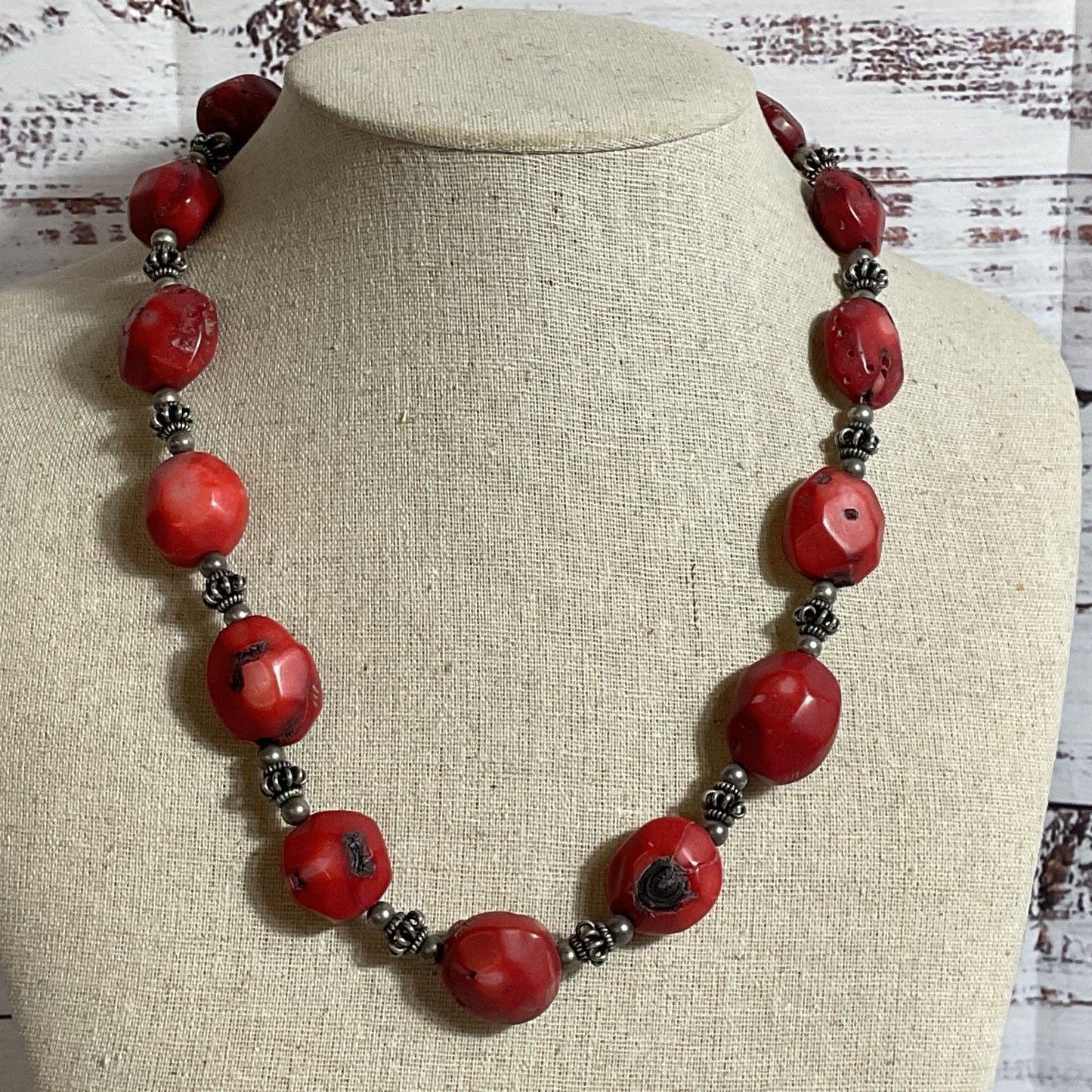 Sterling Silver Beaded Bold Chunky Red Coral Necklace- 24"