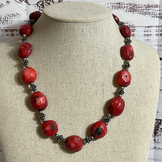 Sterling Silver Beaded Bold Chunky Red Coral Necklace- 24"