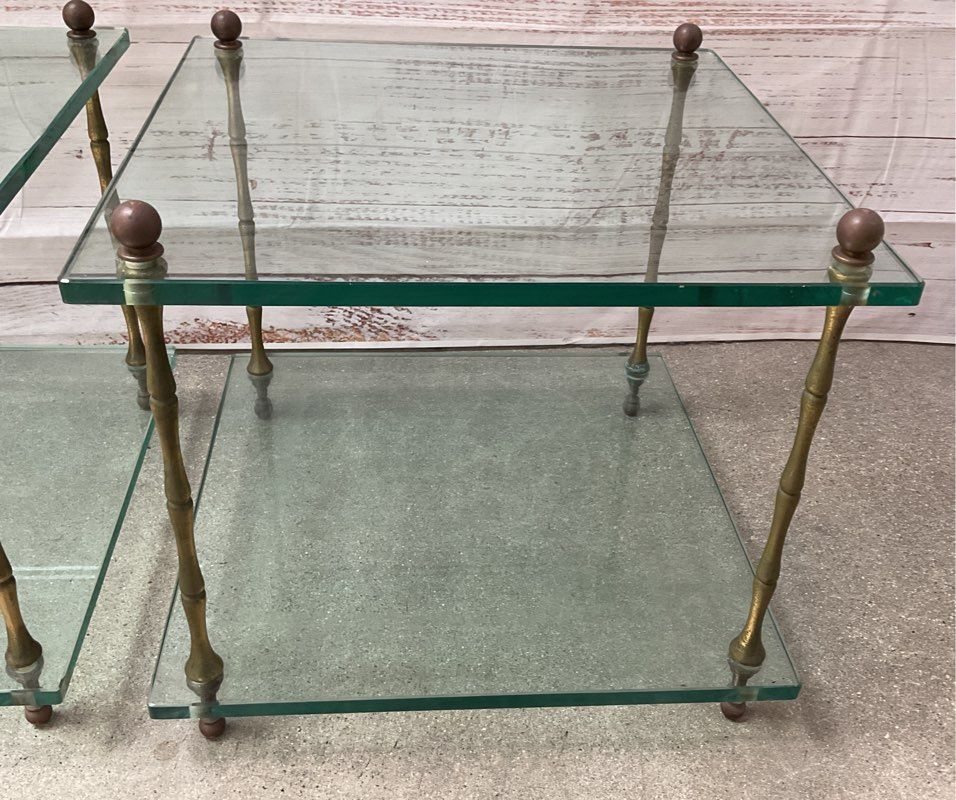 Vintage Baker Style Hollywood Regency Square Bamboo Brass Set of 2 Tables Glass