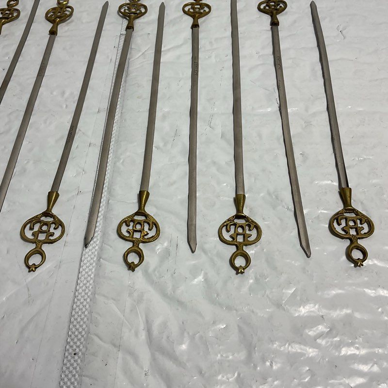 Set Of 12 Vintage Ornate Brass & Steel Kebab Skewers