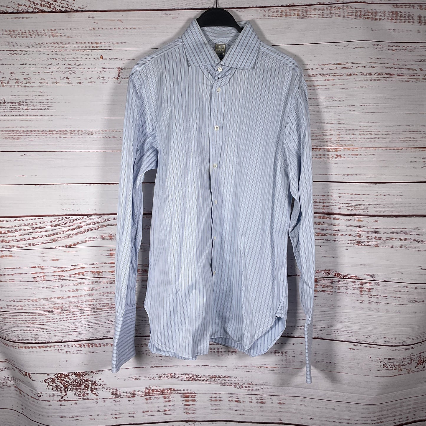 Ike Behar Blue Stripe Long Sleeve Button Up French Cuff Dress Shirt 16 34/35