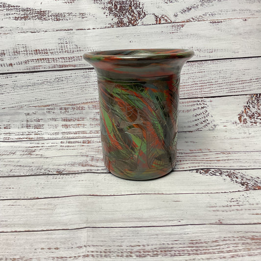 Red Green Black Hand Carved Bird Flower Clay Vase 5"x5"x6"