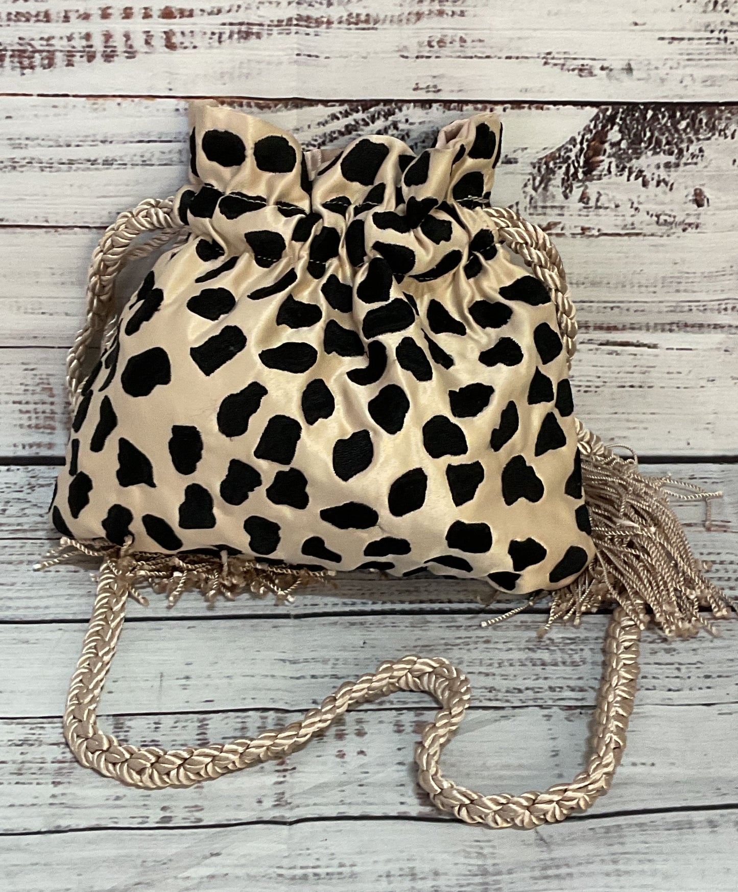 Rebecca De Ravenel Satin Drawstring Tassel Cheetah Print Shoulder Bag Multicolor