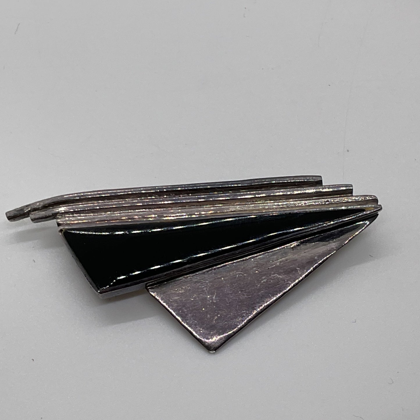 VTG. JL Sterling Silver & Onyx Art Deco 2.25" Brooch- 9.68g