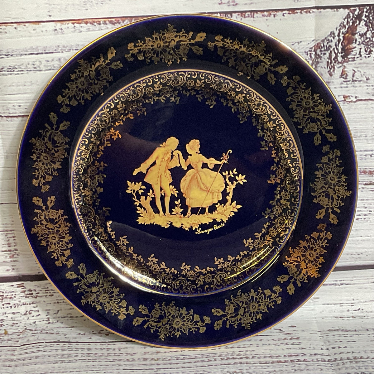 VTG LIMOGES Castel France Cobalt Blue Gold Gilt Courting Scene Bread Plate- 7.5"