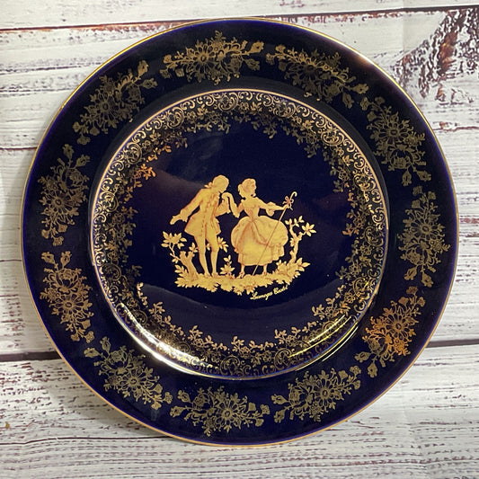 VTG LIMOGES Castel France Cobalt Blue Gold Gilt Courting Scene Bread Plate- 7.5"