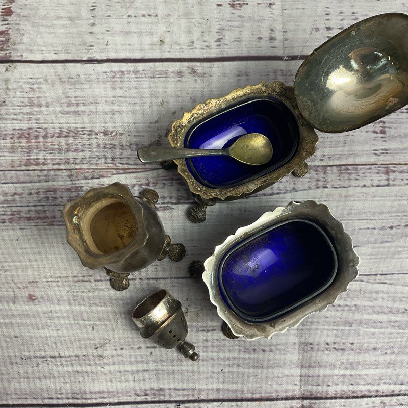 Strachan EPNS & Cobalt Glass Footed Muffineer Set (Salt, Pepper, Mustard)
