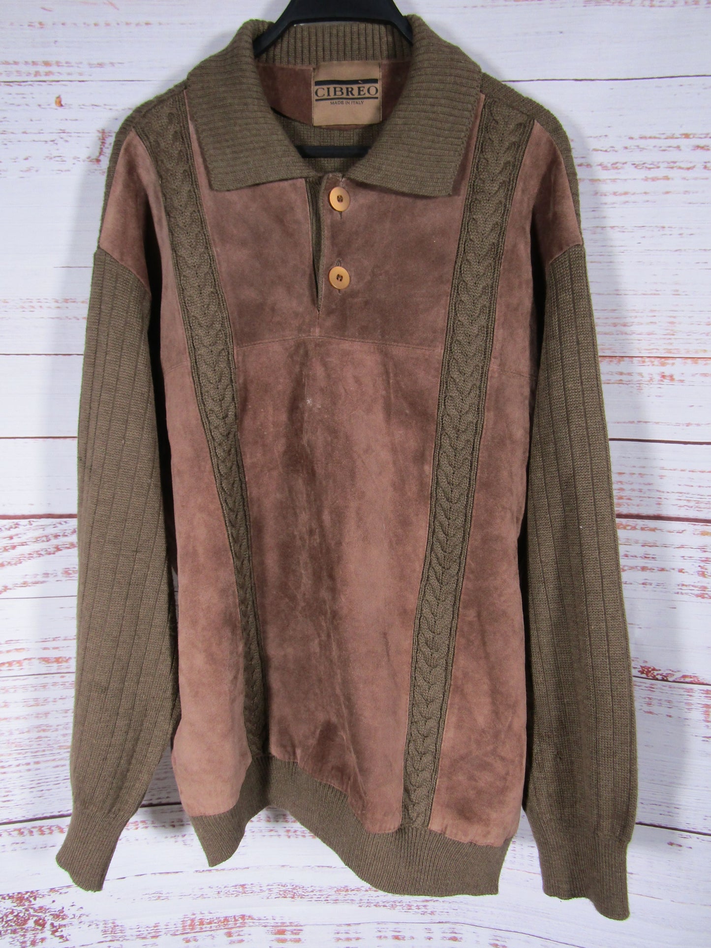 Vintage Cibreo Men's Brown Knit Suede Trim Sweater Size L