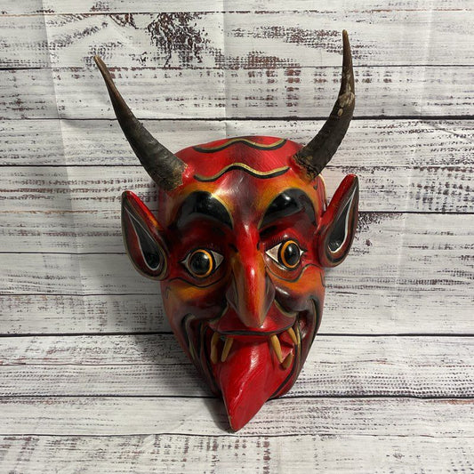 Vintage Wooden Hand Carved And Painted Red Diablo Mask Art W/ Real Animal Horns