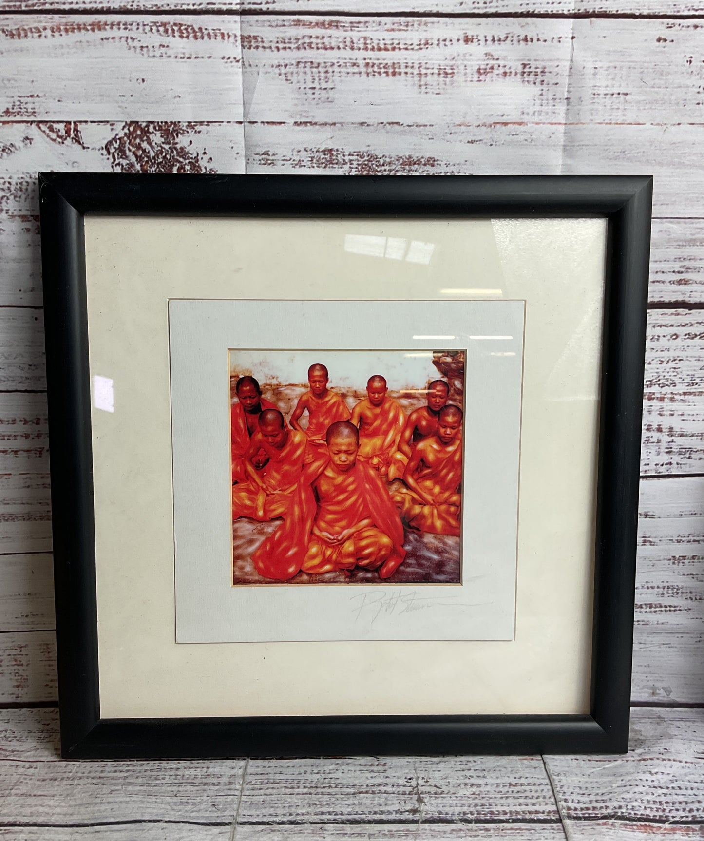 Young Buddhist Monks Meditating Signed Framed Print