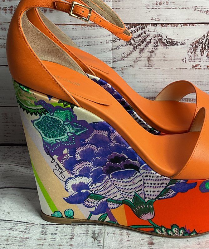 Roberto Cavalli Satin Floral Print Platform Wedge Heels 38.5