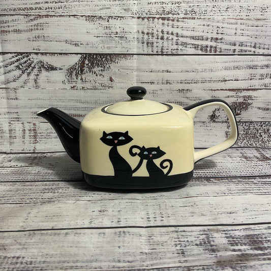 Hues N Brews Cattitude Black Cat Square Retro Teapot W/ Lid