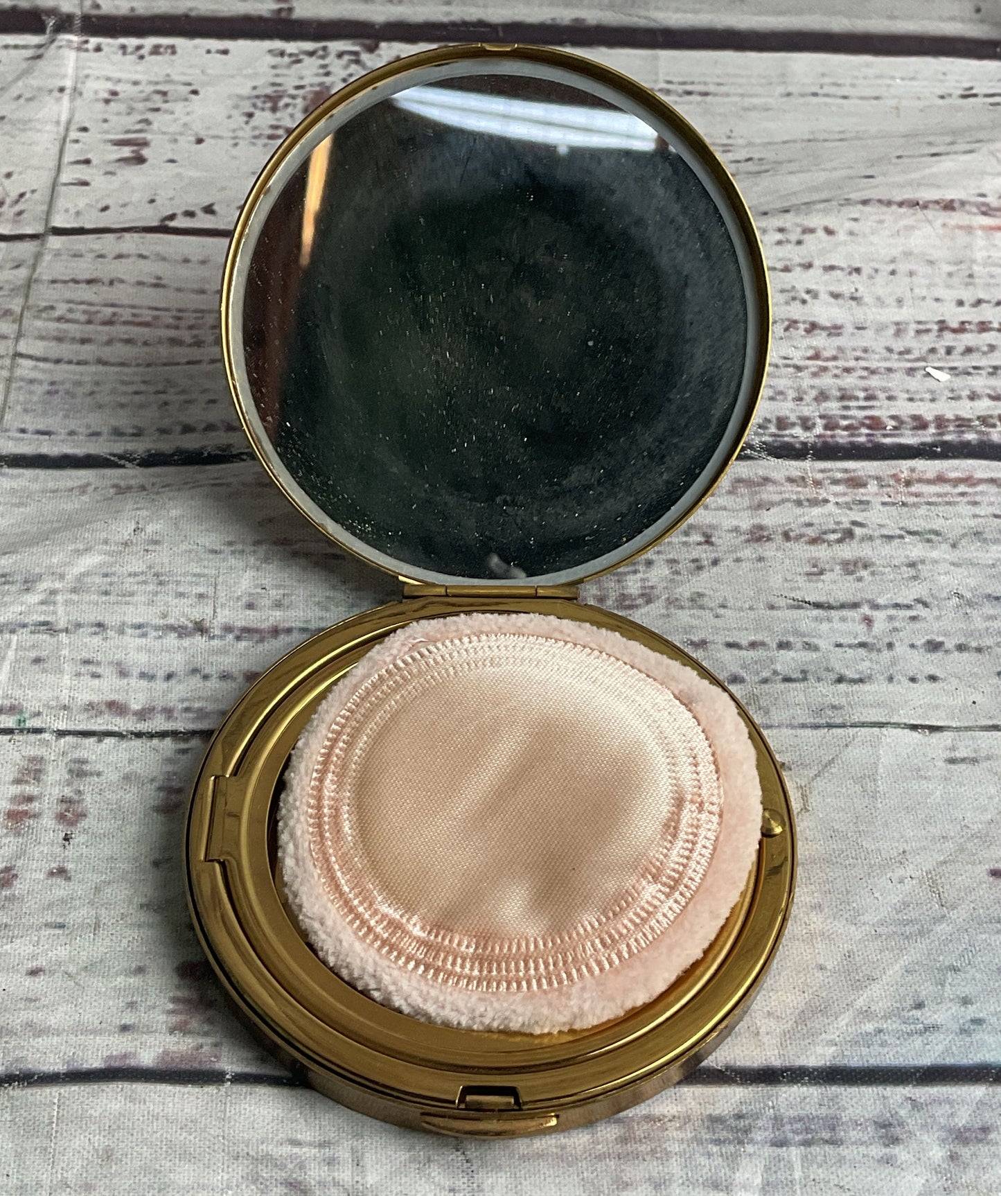 Alpha Sigma Theta Vintage Sorority Brass Powder Compact Gold Tone