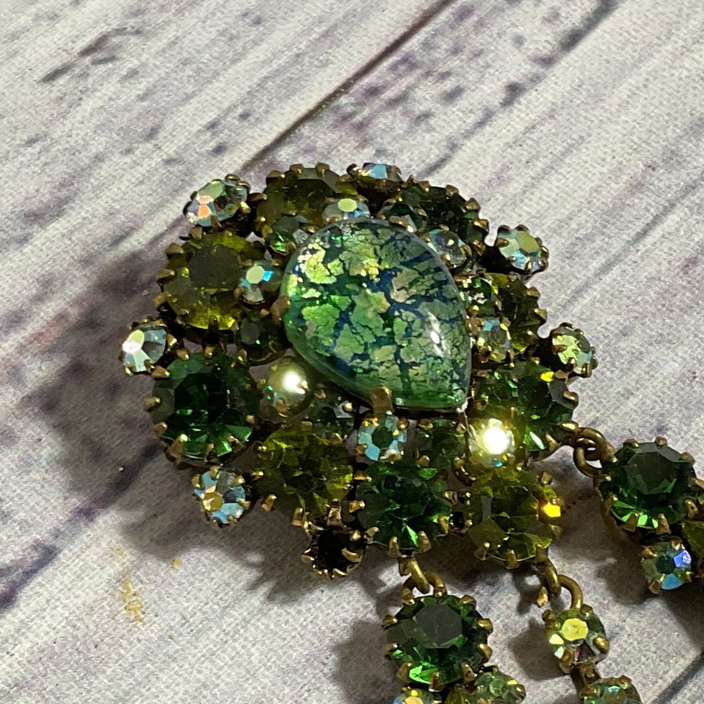 VTG. In Style of CLAUDETTE Cat Foil Glass & Rhinestone Brooch- 2.75"