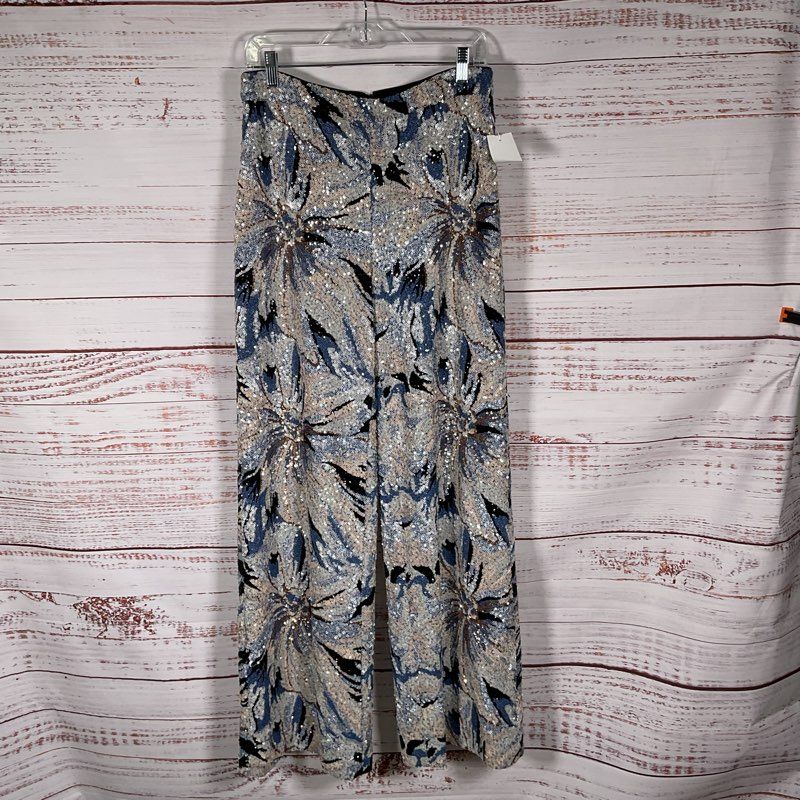 NWT Badgley Mischka Silver & Blue Floral Sequined Wide Leg Pants - Size M
