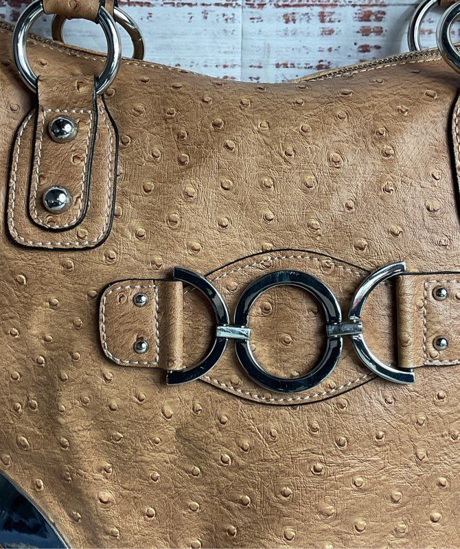Guess Vintage Faux Leather Ostrich Embossed Shoulder Bag Brown