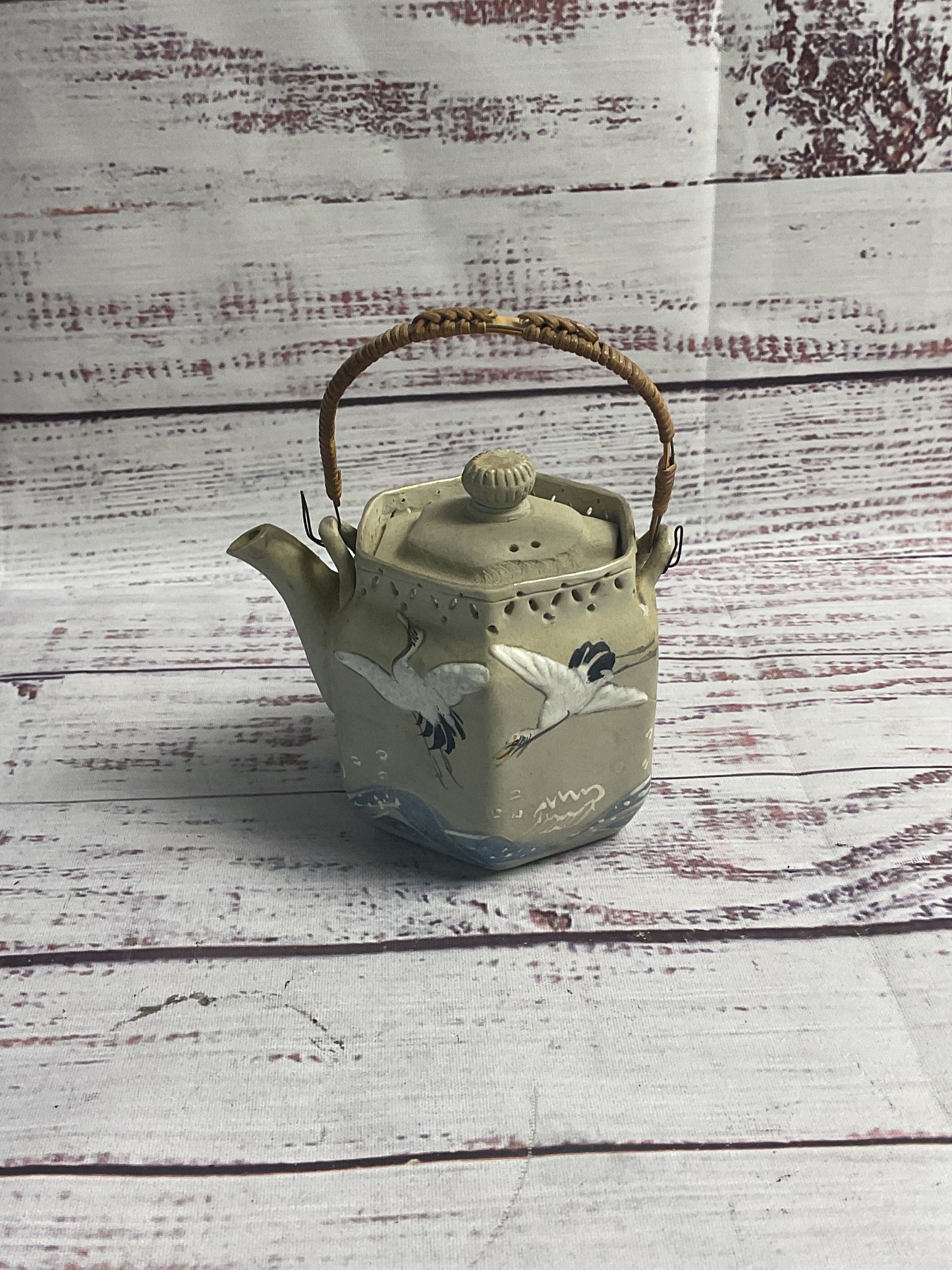 Small Clay Teapot Hand Painted Crane Scenes
