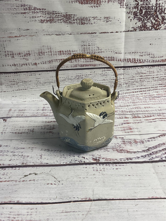 Small Clay Teapot Hand Painted Crane Scenes