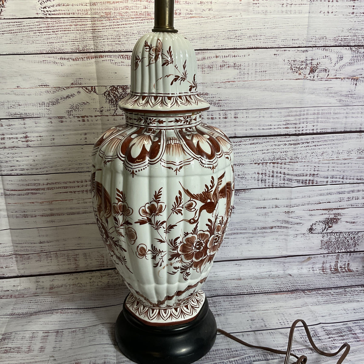 ANTIQUE Japanese Ginger Jar Hand Painted Brown Crane & Floral Lamp- 31"