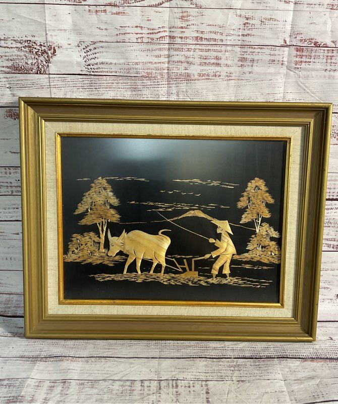 Vintage Straw Bamboo Farmer & Buffalo In Rice Fields Artwork Jakarta Indonesia