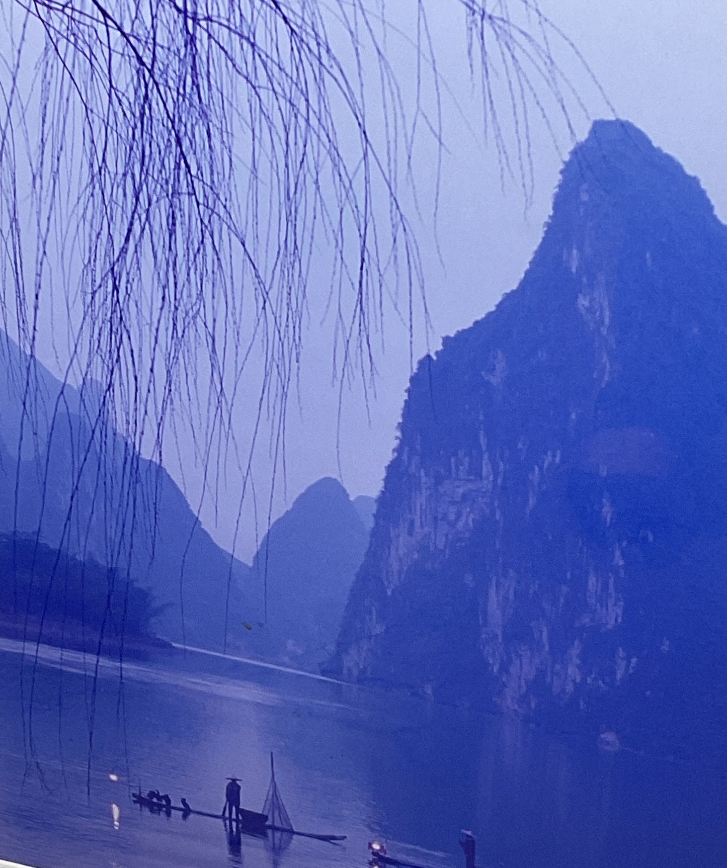 Fishing in the Evening at Li River of Gui Lin Signed by Guo Ji Liang Framed
