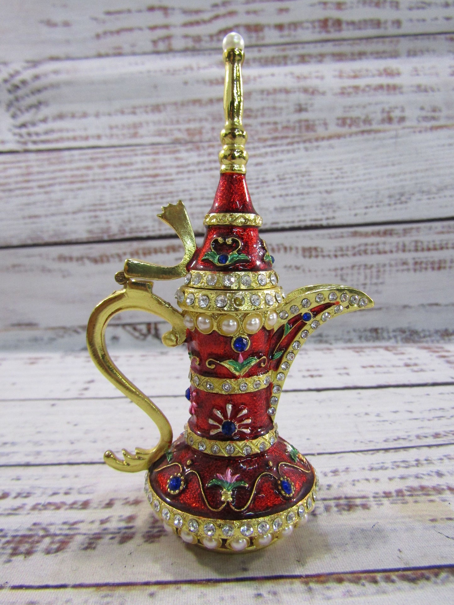 Ornate Gold Plated Red Enamel Dallah Ibrik Trinket Box Set of 2