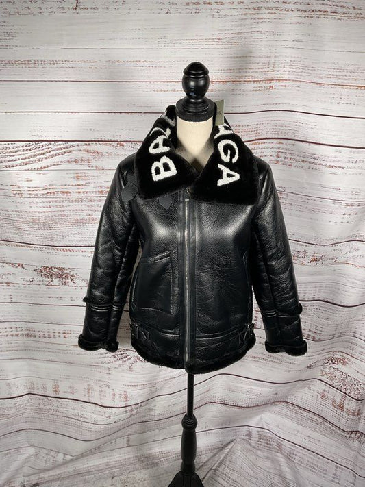 NEW Balenciaga Cocoon Women's Black Aviator Zip Up Jacket Faux Fur Collar Size S
